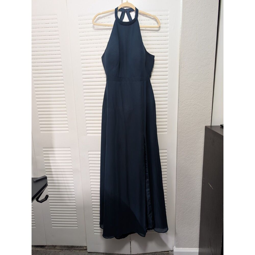 Azazie Bridesmaid dress ALTERED Navy Blue Halter Neck Maxi Dress Open Back